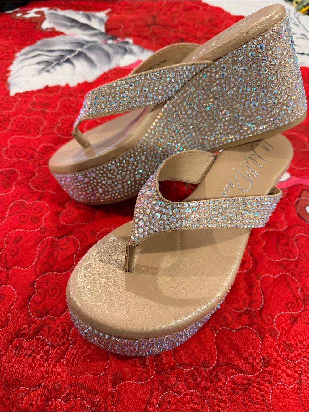 Wild Pair Nude Crystal Wedge Flip Flops - Women